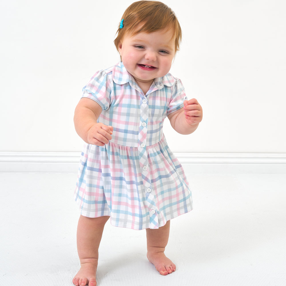 Alternate image of a child wearing a Playful Plaid puff sleeve button down dress with bloomer