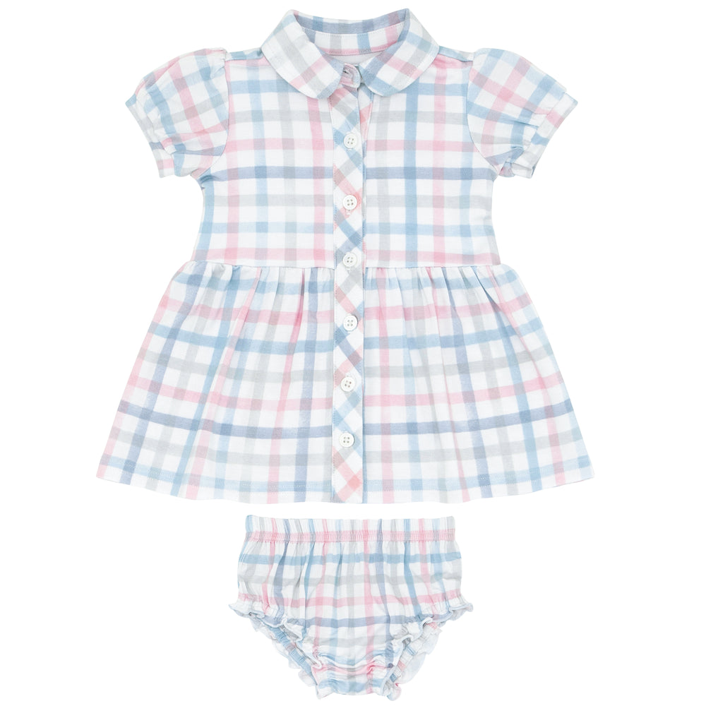 Flat lay image of a Playful Plaid puff sleeve button down dress with bloomer