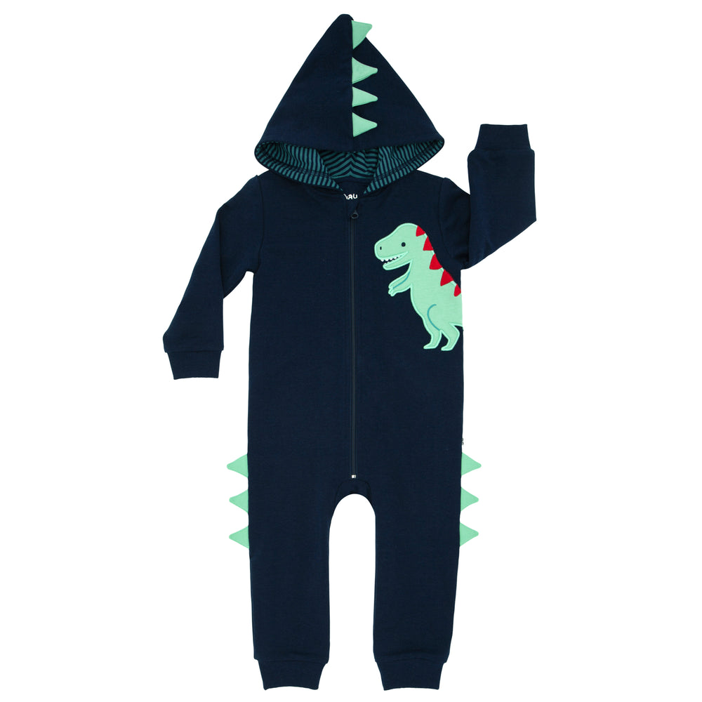 Click to see full screen - Alternate flat lay image of a Dinosaur sweatsuit romper