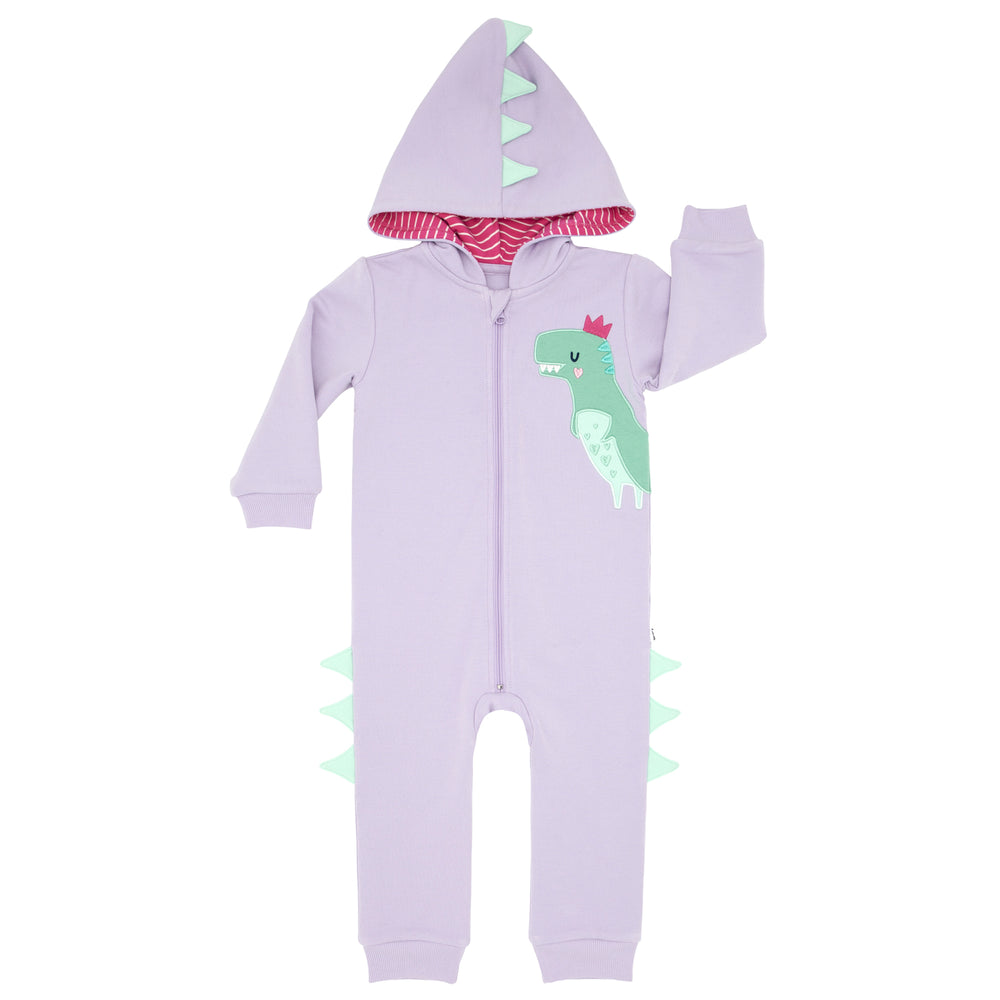 Click to see full screen - Flat lay image of a Loveasaurus sweatsuit romper