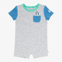 Flat lay image of the Bluey Graphic Pocket Shorty Romper