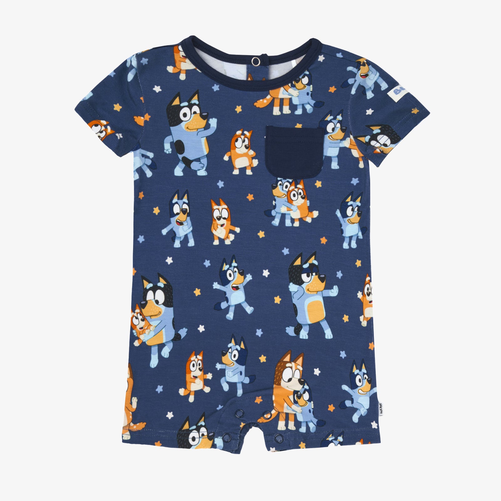 Flat lay image of the Bluey Dance Mode Pocket Shorty Romper