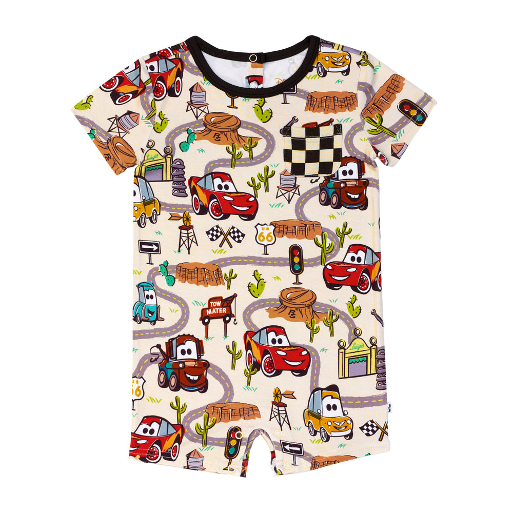 Flat lay image of a Radiator Springs pocket shorty romper