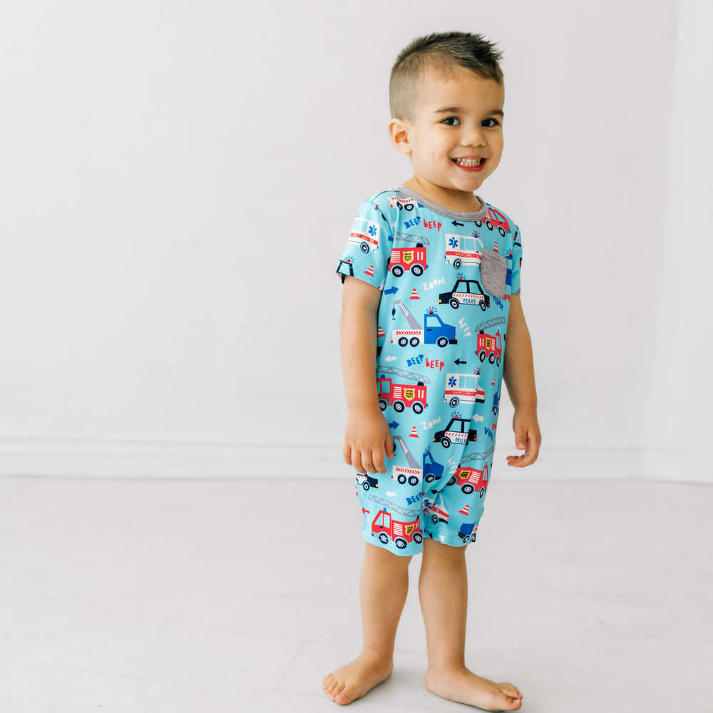 Alternate image of a child wearing a To The Rescue Pocket Shorty Romper