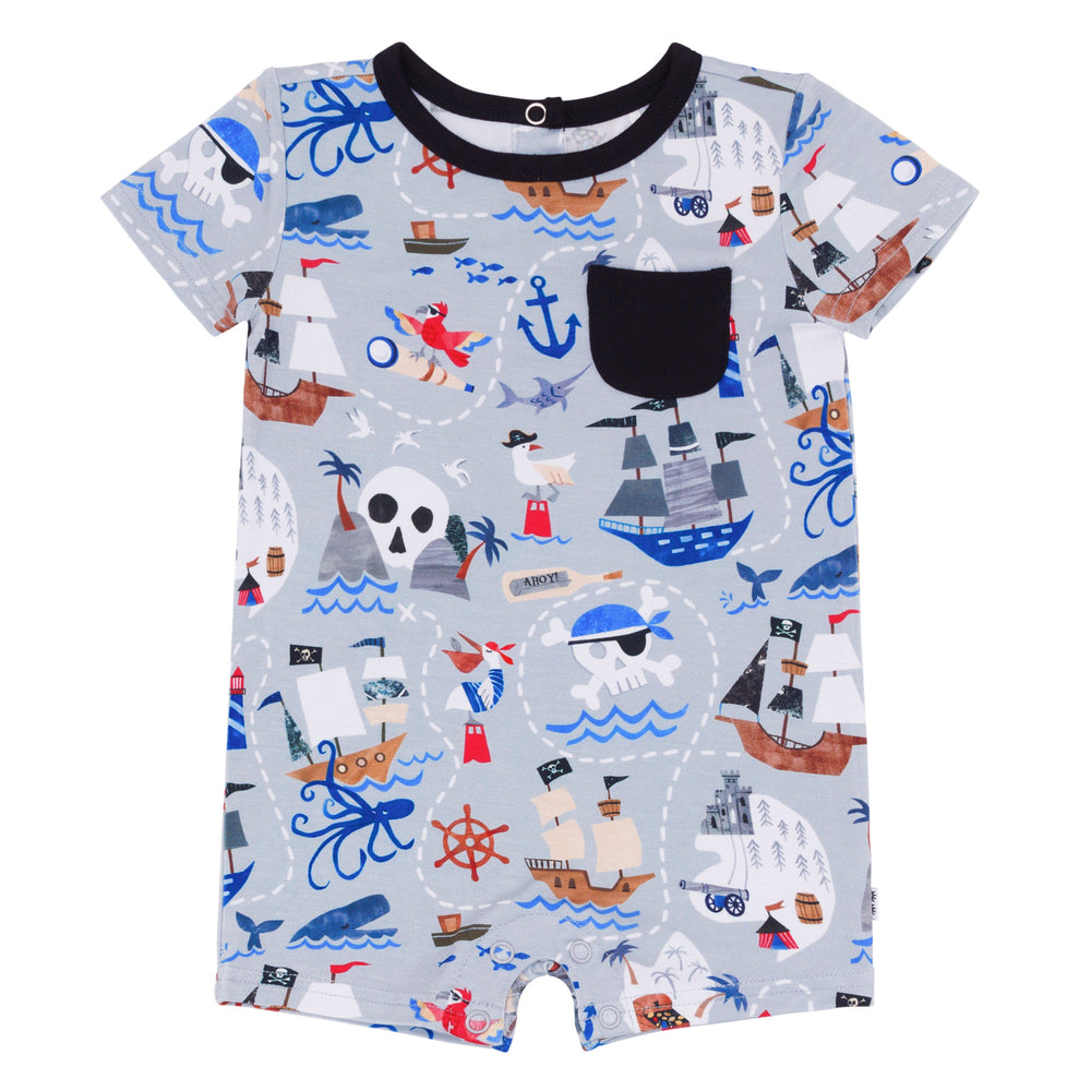Flat lay image of the Pirate's Map Pocket Shorty Romper