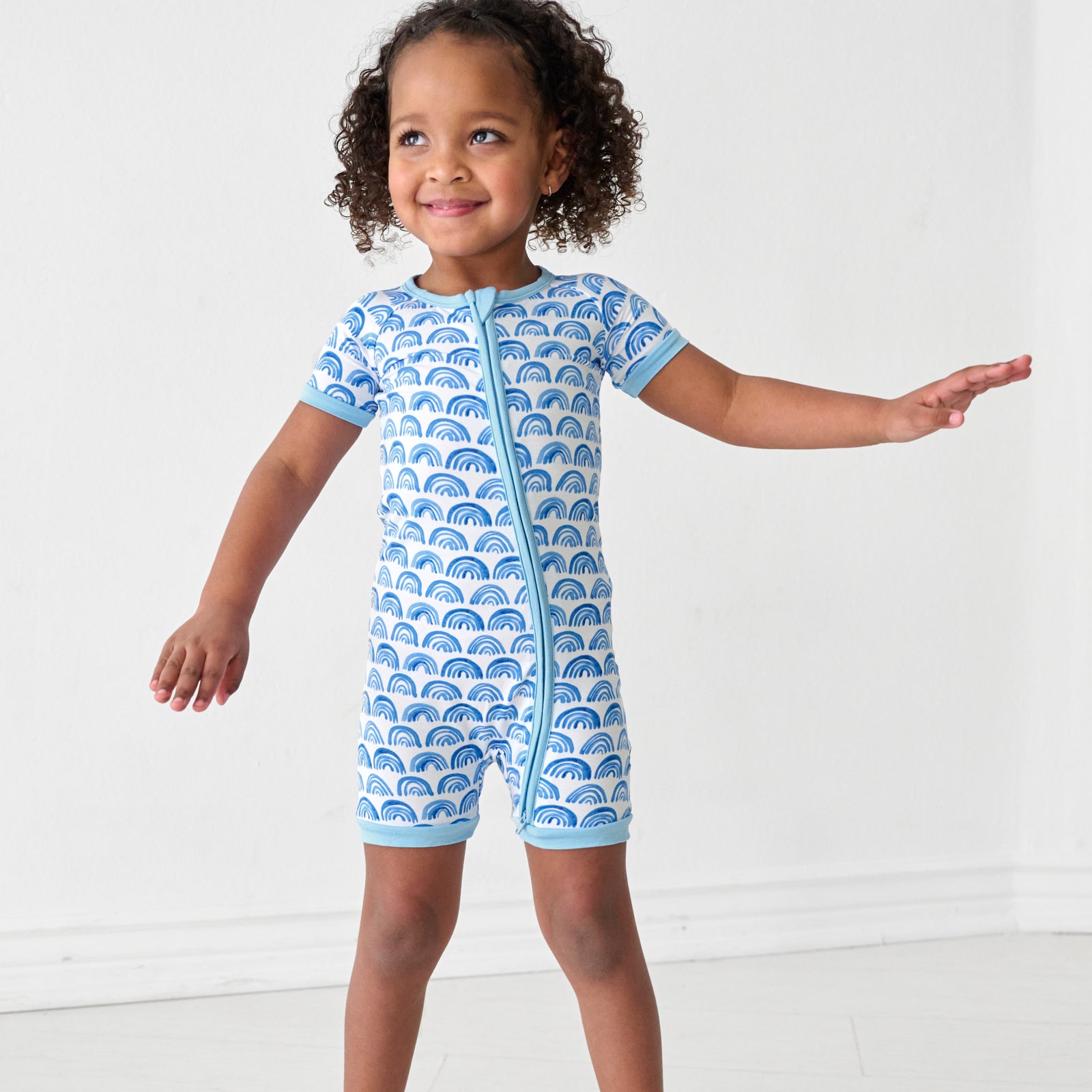 Alternate image of a child wearing a Blue Rainbows shorty zippy