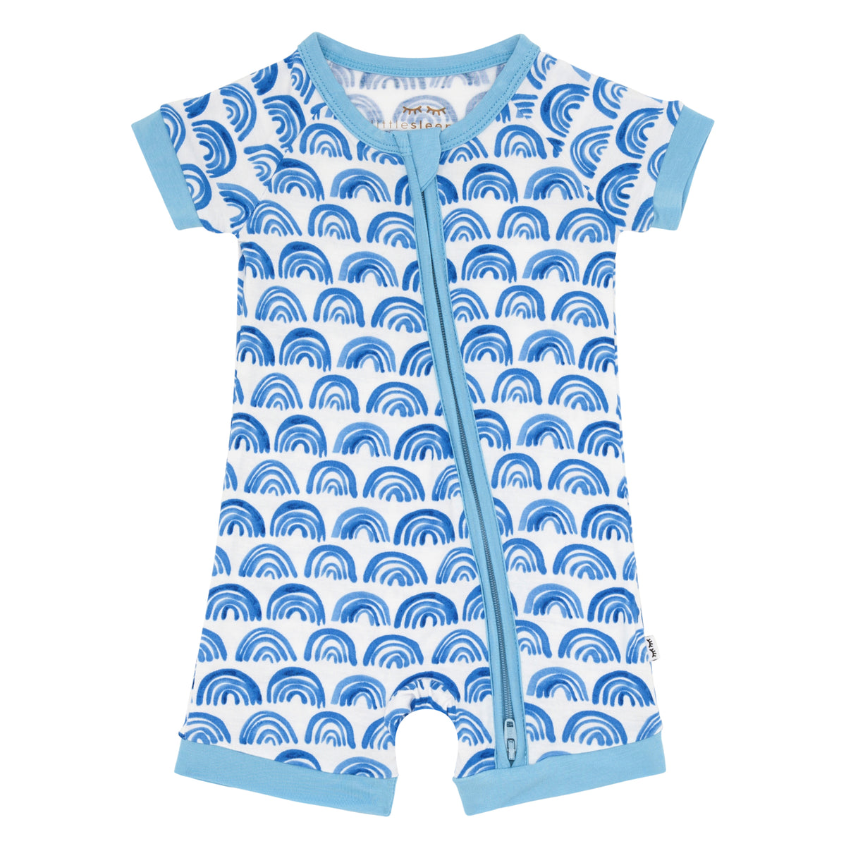 Flat lay image of Blue Rainbows Shorty Romper