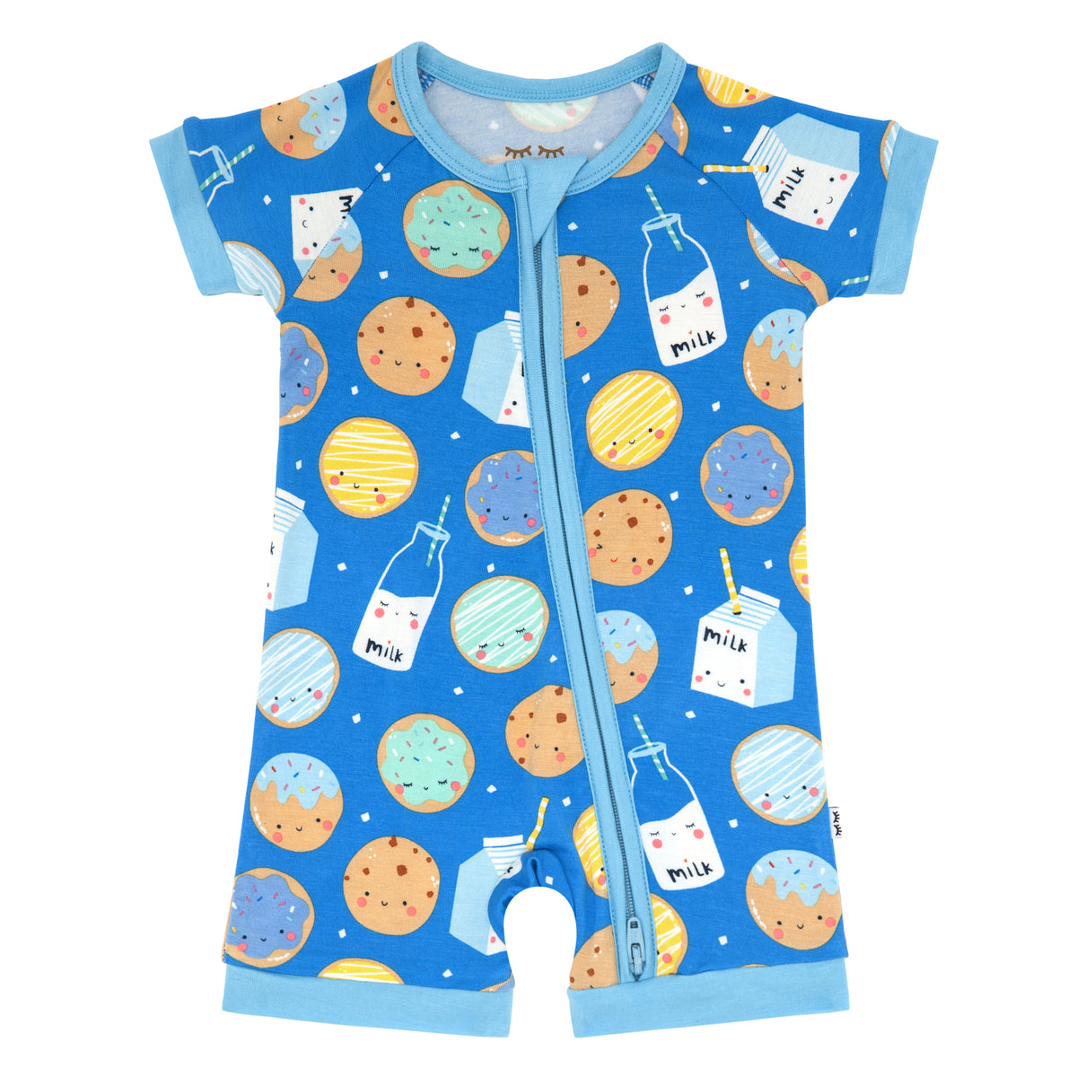 Flat lay image of Blue Cookies and Milk shorty zippy