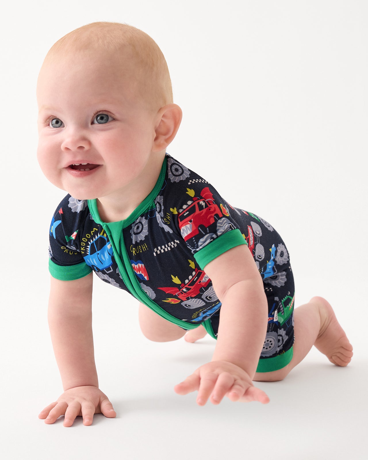 Alternate of crawling baby wearing the Monster Truck Madness Shorty Zippy
