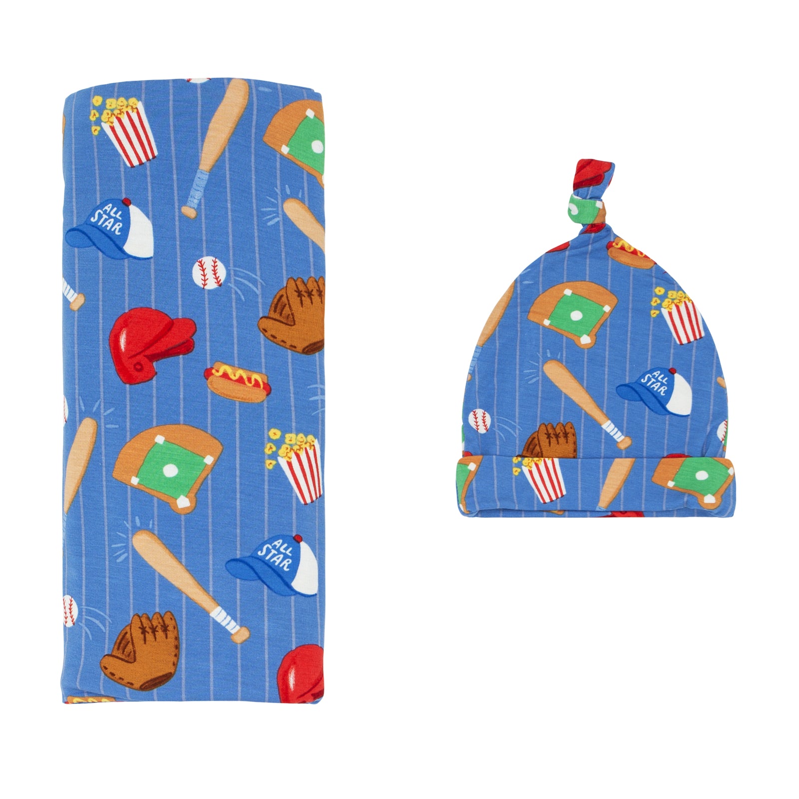 Flat lay image of a Blue All Stars swaddle and hat set