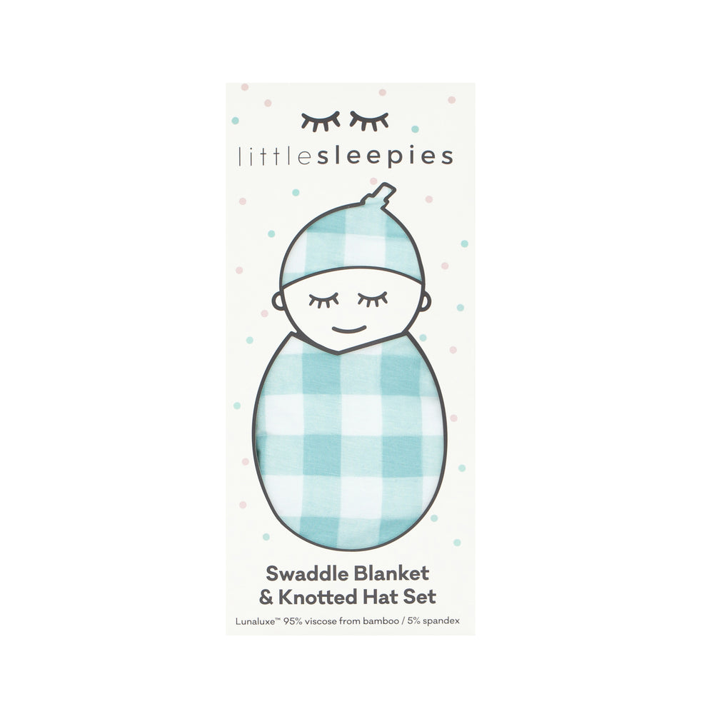 Click to see full screen - Aqua Gingham swaddle and hat set in Little Sleepies peek a boo packaging