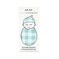 Aqua Gingham swaddle and hat set in Little Sleepies peek a boo packaging