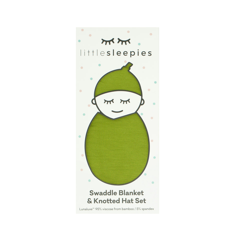 image of an Avocado swaddle and hat set in Little Sleepies peek a boo packaging
