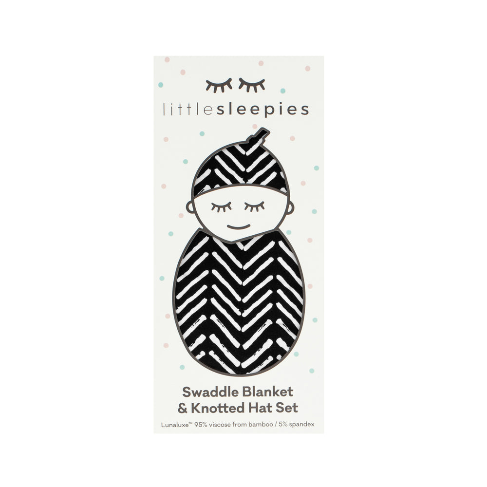 Monochrome Chevron swaddle and hat set in Little Sleepies peek-a-boo packaging