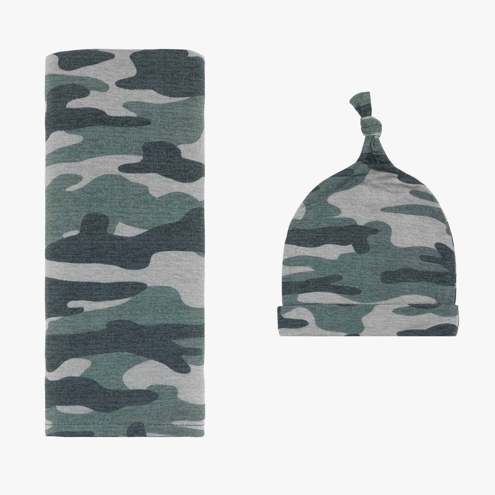 Flat lay images of the Vintage Camo Swaddle & Hat Set