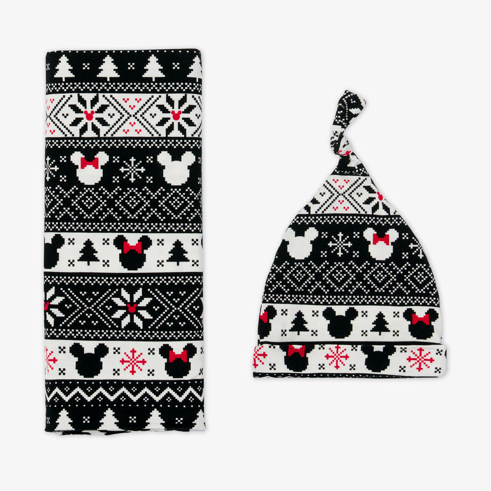 flat lay image of a Mickey Fair Isle Swaddle and Hat set