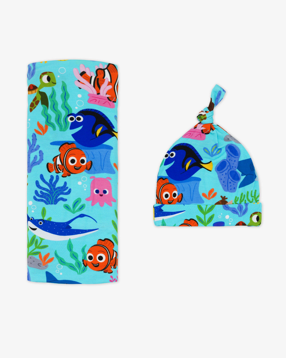 Flat lay of the Disney Nemo's Reef Swaddle & Hat Set