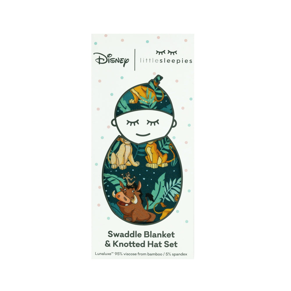 image of a Disney Simba's Sky swaddle and hat set in Little Sleepies peek a boo packaing
