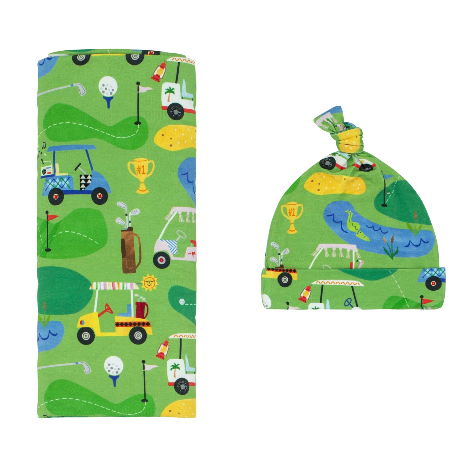 Flat lay image of a Fairway Fun swaddle and hat set