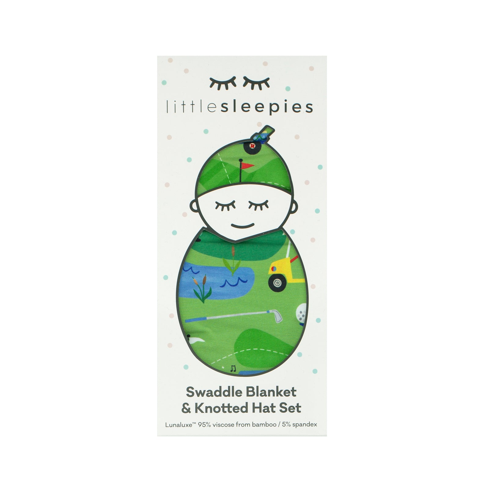 Fairway Fun swaddle and hat set in Little Sleepies peek-a-boo packaging