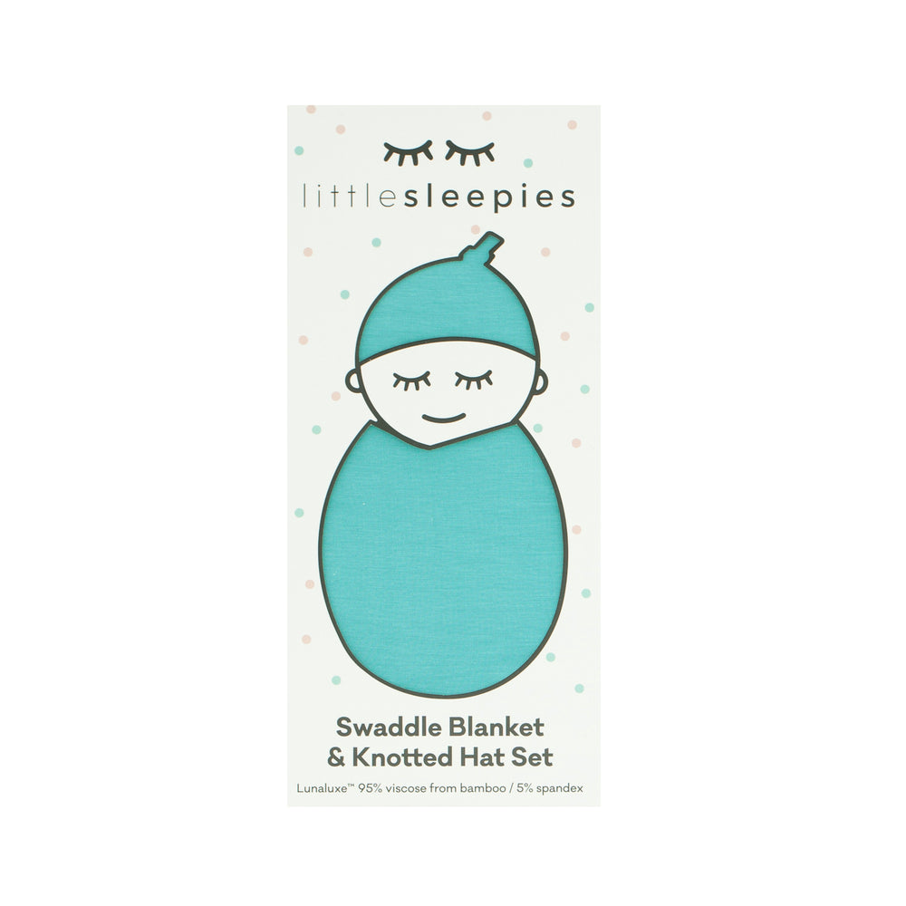 Glacier Turquoise swaddle and hat set in Little Sleepies Peek a Boo packaging 
