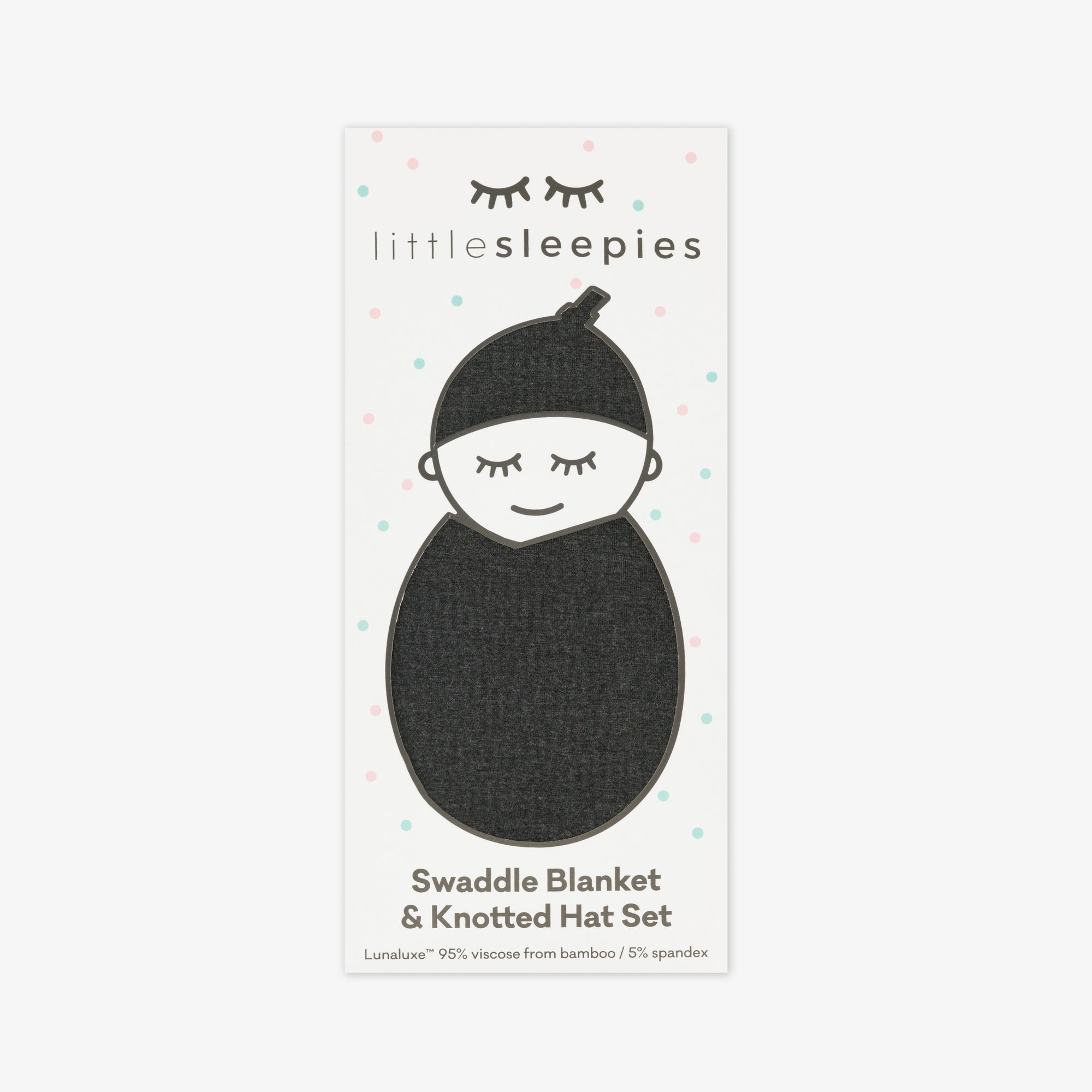 image of a Cozy heather black swaddle and hat set in Little Sleepies peek a boo packaging