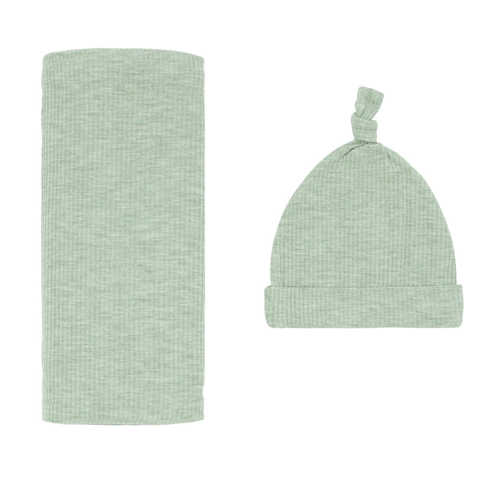 Flat lay image of a Heather Sage swaddle and hat set