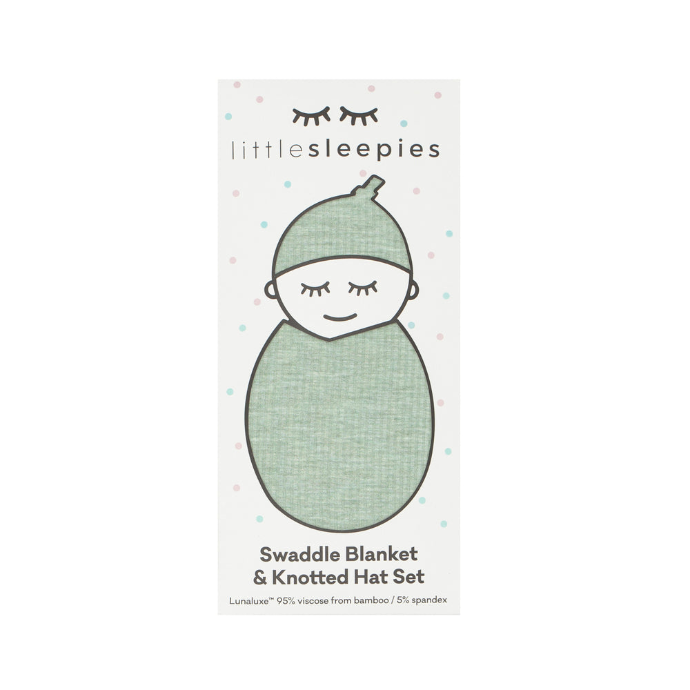 Click to see full screen - image of a Heather Sage swaddle and hat set in Little Sleepies peek a boo packaging
