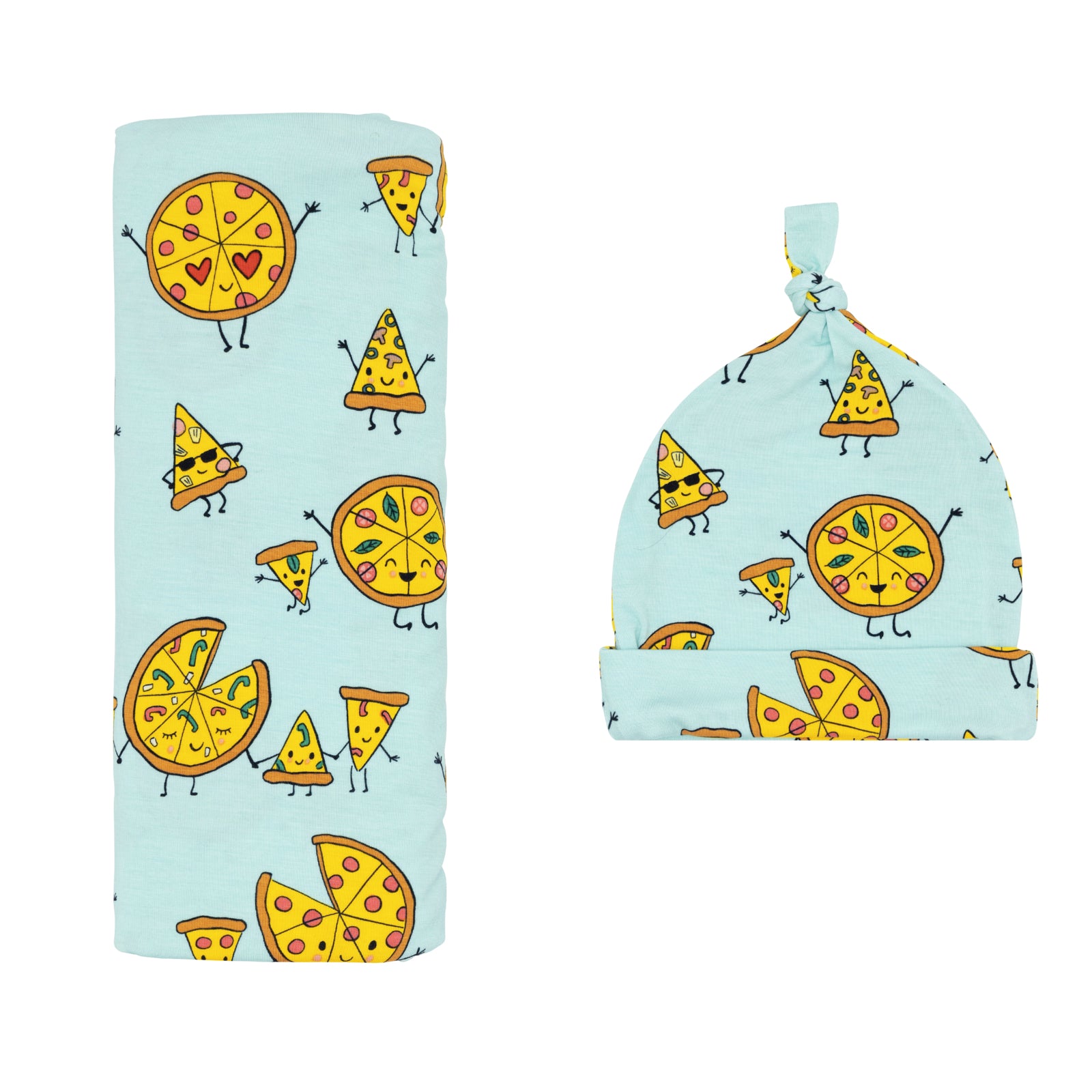 Flat lay image of a Pizza Pals swaddle and hat set