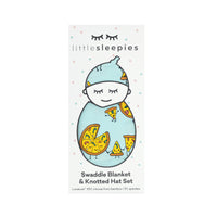 image of a Pizza Pals swaddle and hat set in little sleepies peek a boo packaging