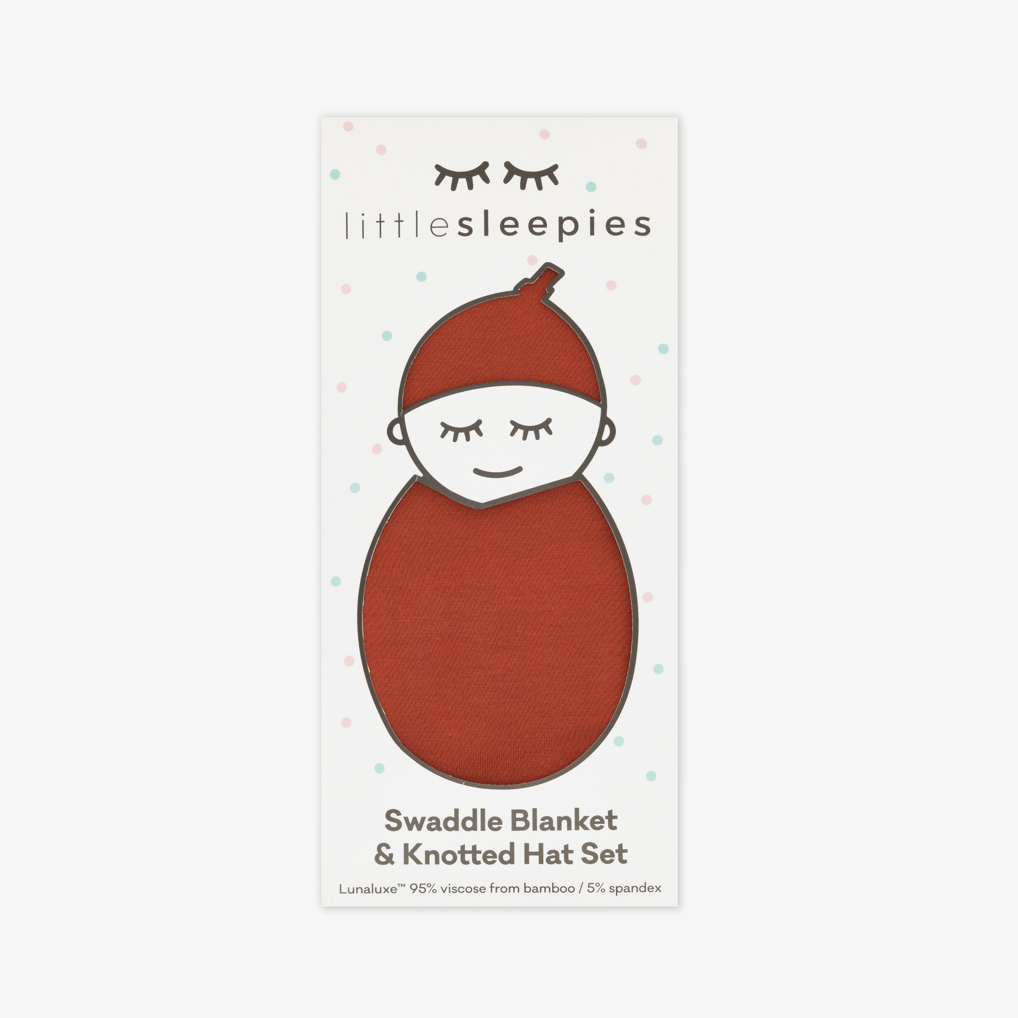 image of a Cozy Rust swaddle and hat set in Little Sleepies peek a boo packaging