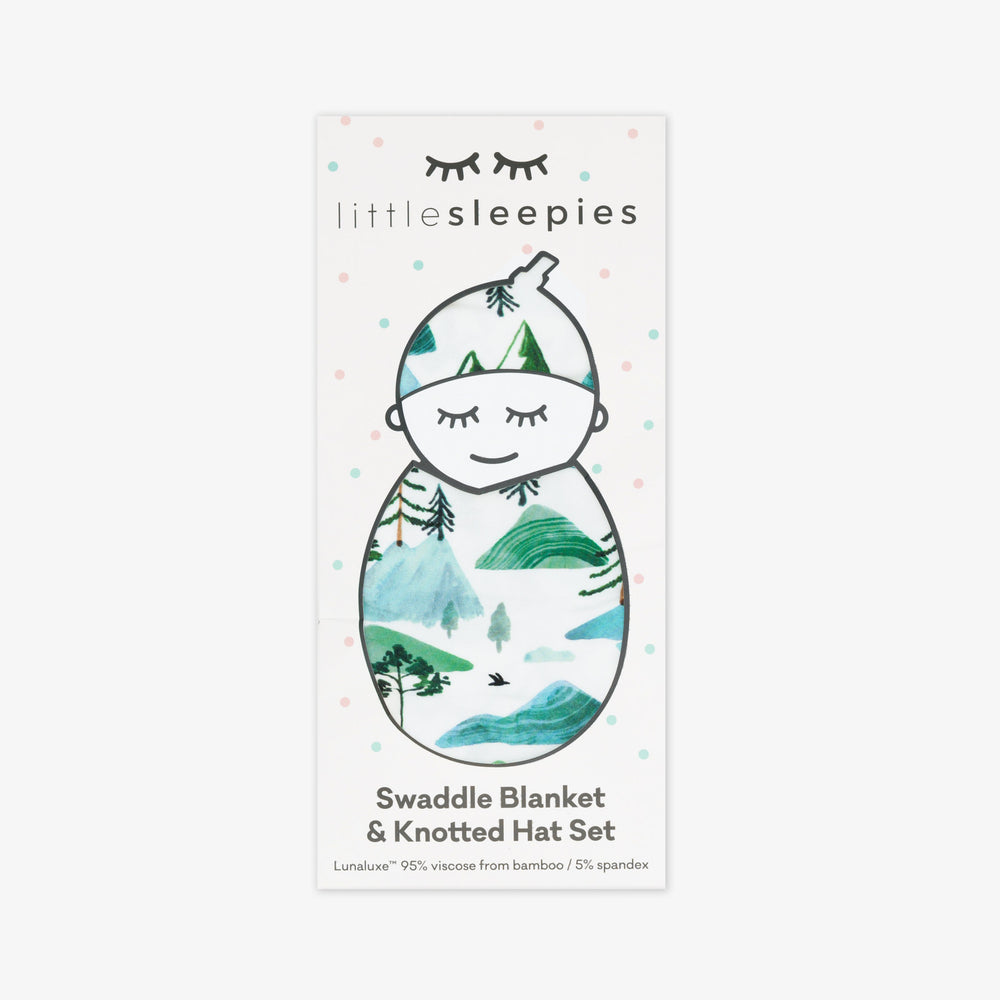  mountain mist swaddle and hat set in little sleepies peek a boo packaging