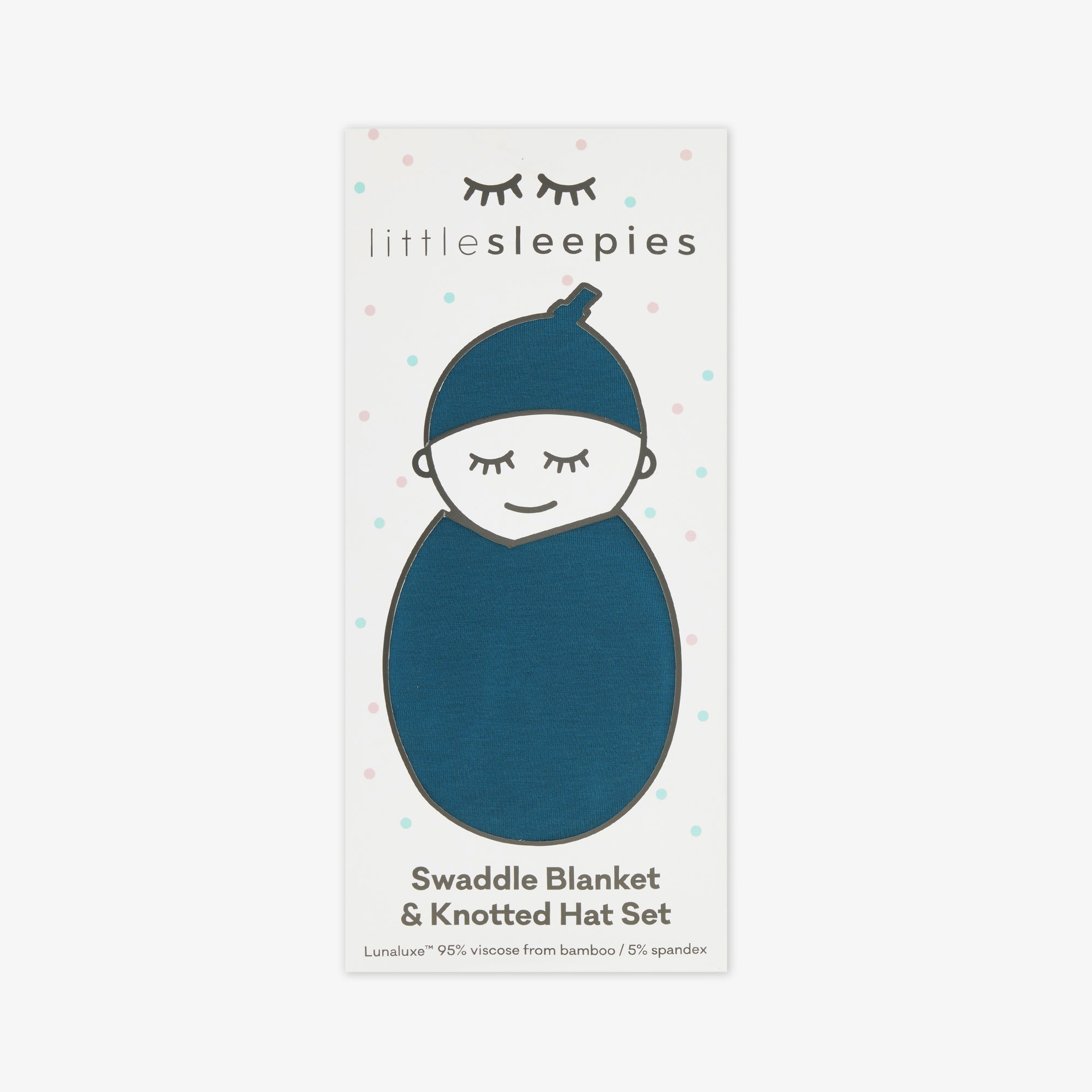 image of a Cozy Twilight Teal swaddle and hat set in Little Sleepies peek a boo packaging