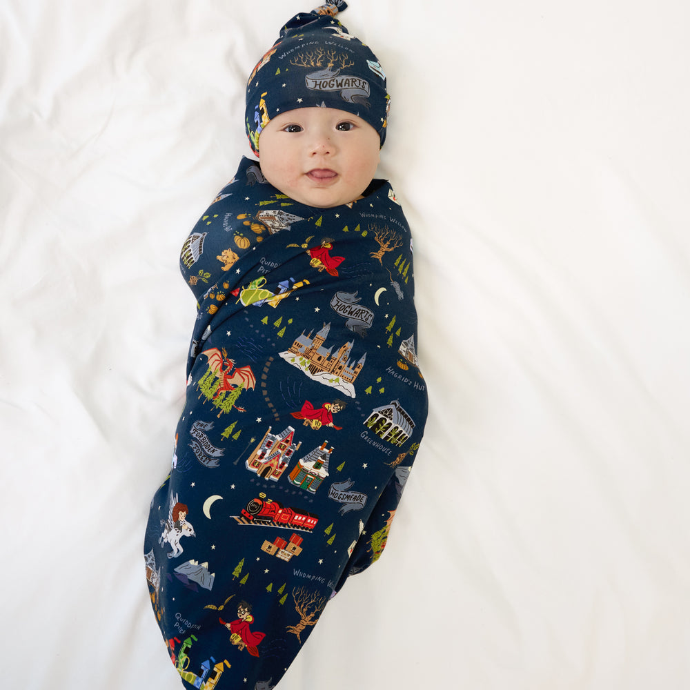 Alternate image of a child swaddled in an Evening at Hogwarts swaddle and hat set