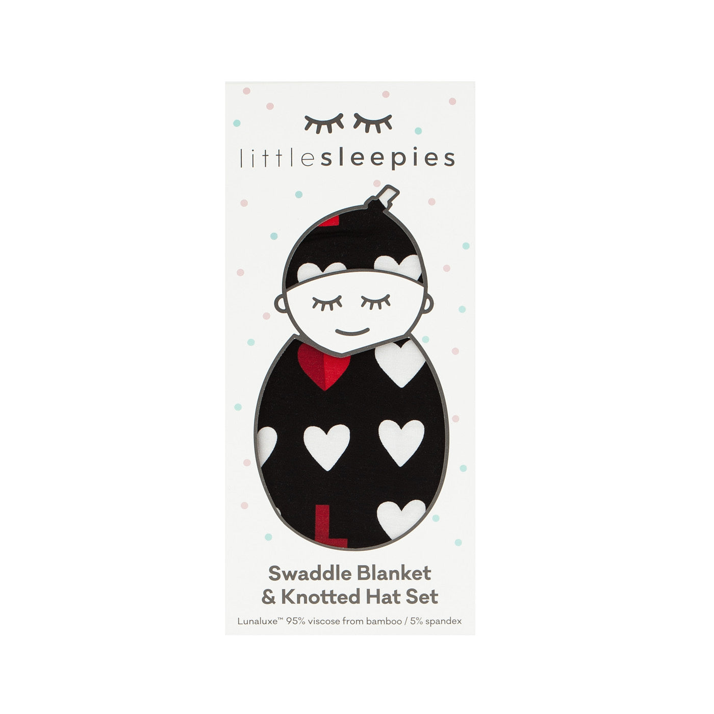 Image of a Black XOXO swaddle and hat set in Little Sleepies peek a boo packaging