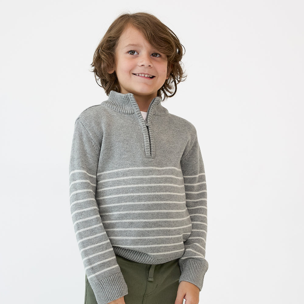 Alternate close up image of a child wearing a Heather Gray Stripes Zip Sweater