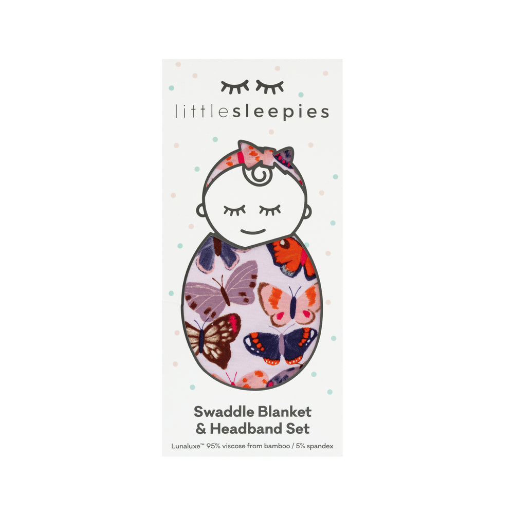 Butterfly Kisses swaddle & luxe bow headband set in Little Sleepies peek-a-boo packaging