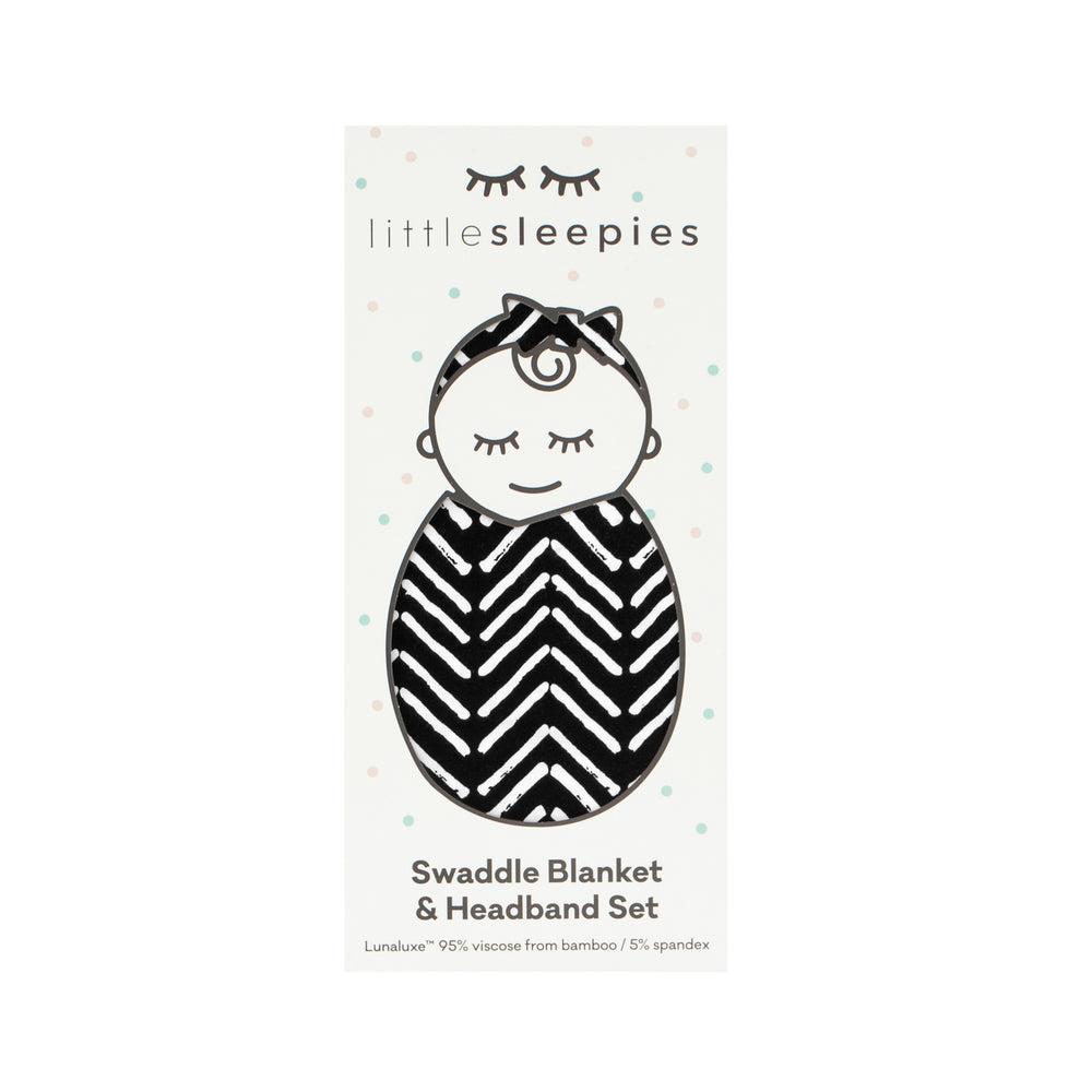Monochrome Chevron swaddle and luxe bow headband set in Little Sleepies peek-a-boo packaging