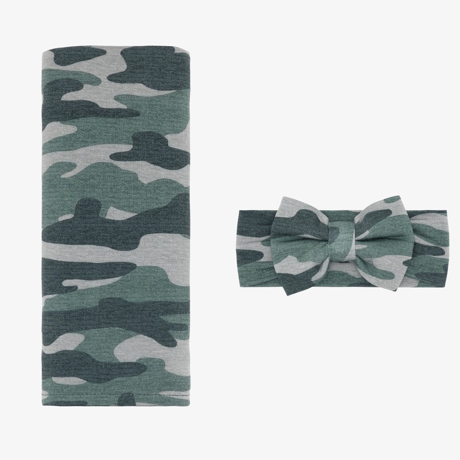 Flat lay images of the Vintage Camo Swaddle & Luxe Bow Headband Set