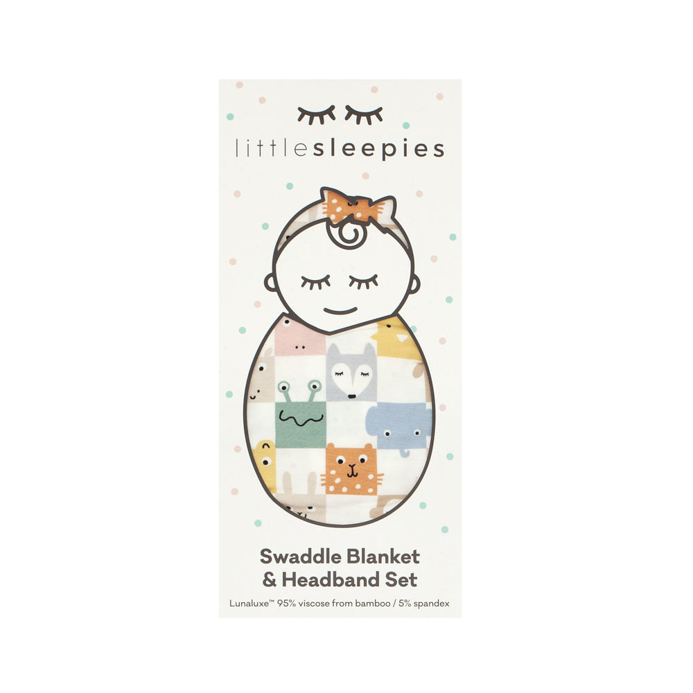 Check Mates swaddle and luxe bow headband set in Little Sleepies peek-a-boo packaging