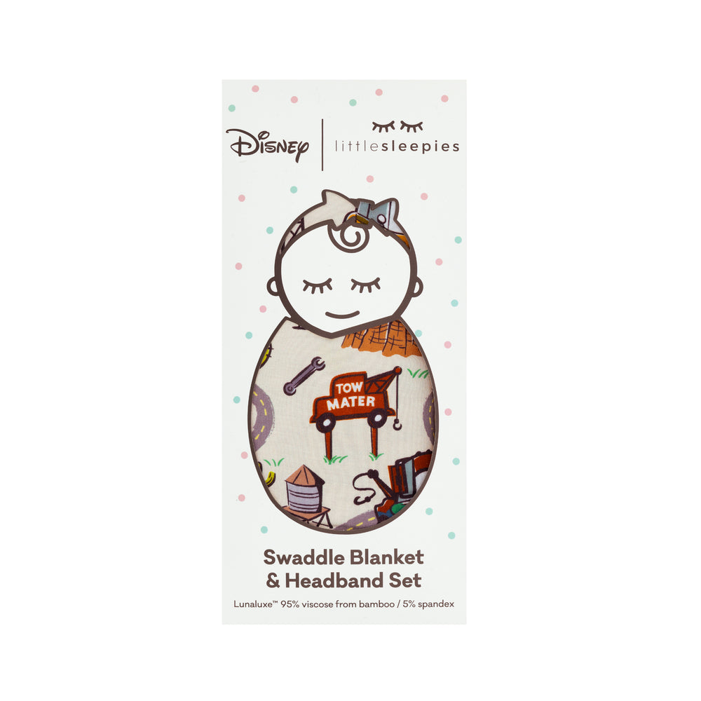 image of a Radiator Springs swaddle and luxe bow set in Little Sleepies peek a boo packaging