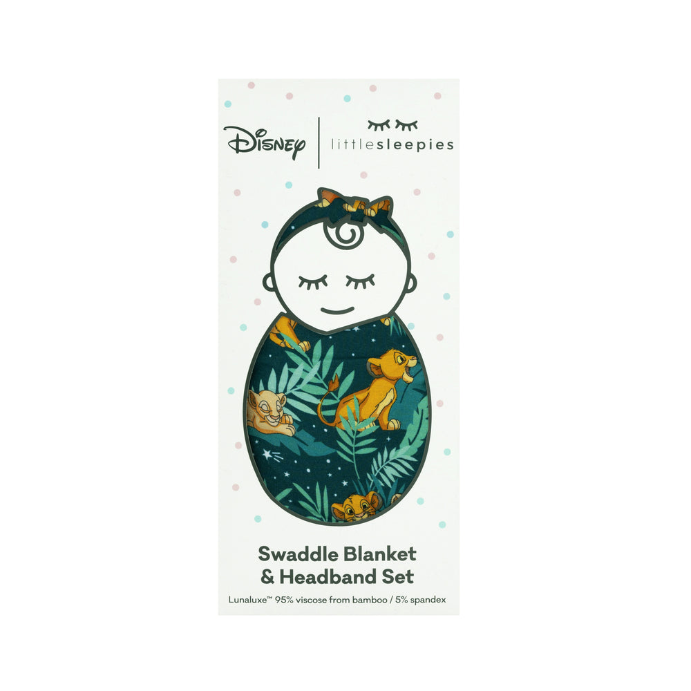 image of a Disney Simba's Sky swaddle and luxe bow headband set in Little Sleepies peek a boo packaging 