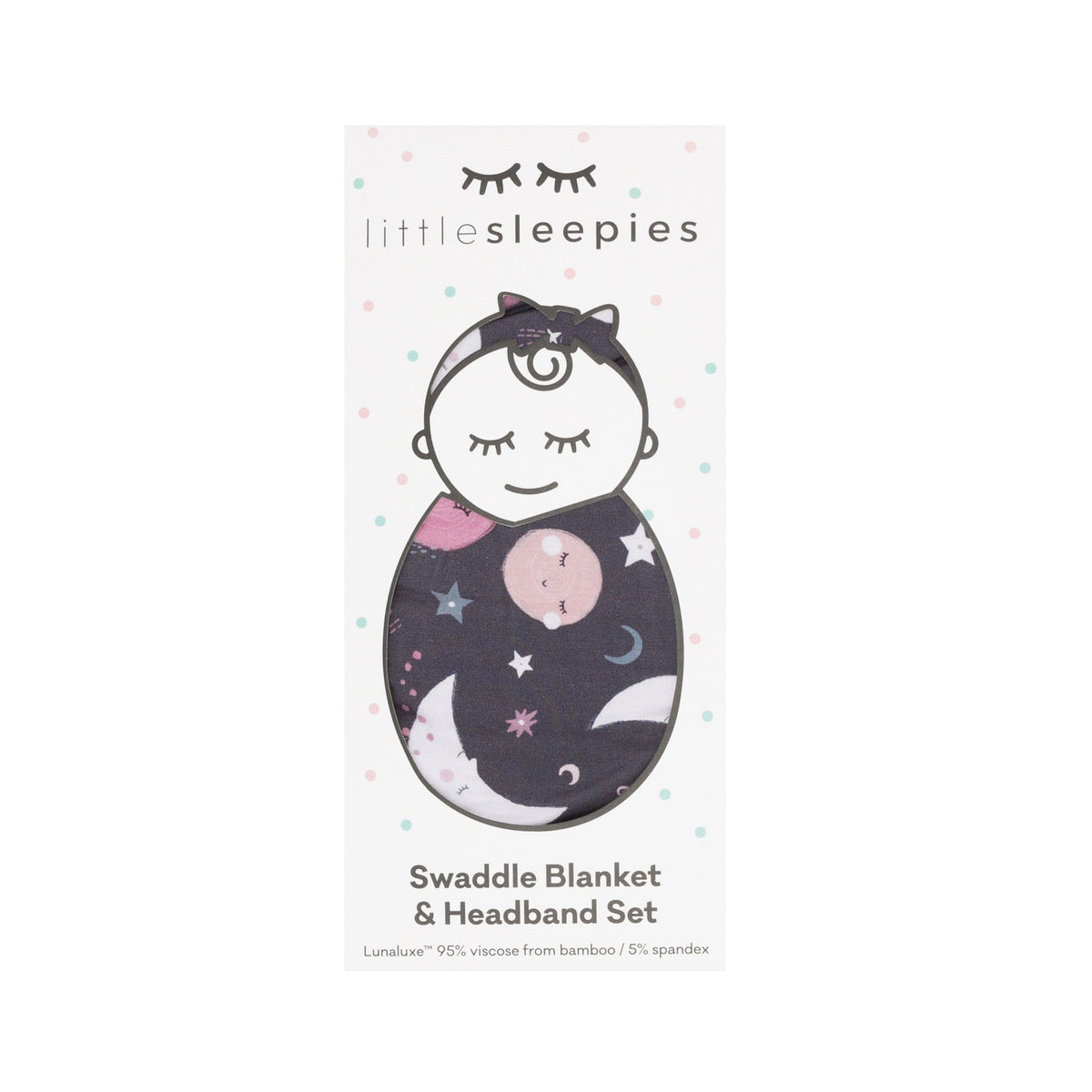 Flat lay image of a Pink to the Moon and Back Swaddle and luxe bow Headband set in Little Sleepies peek-a-boo packaging