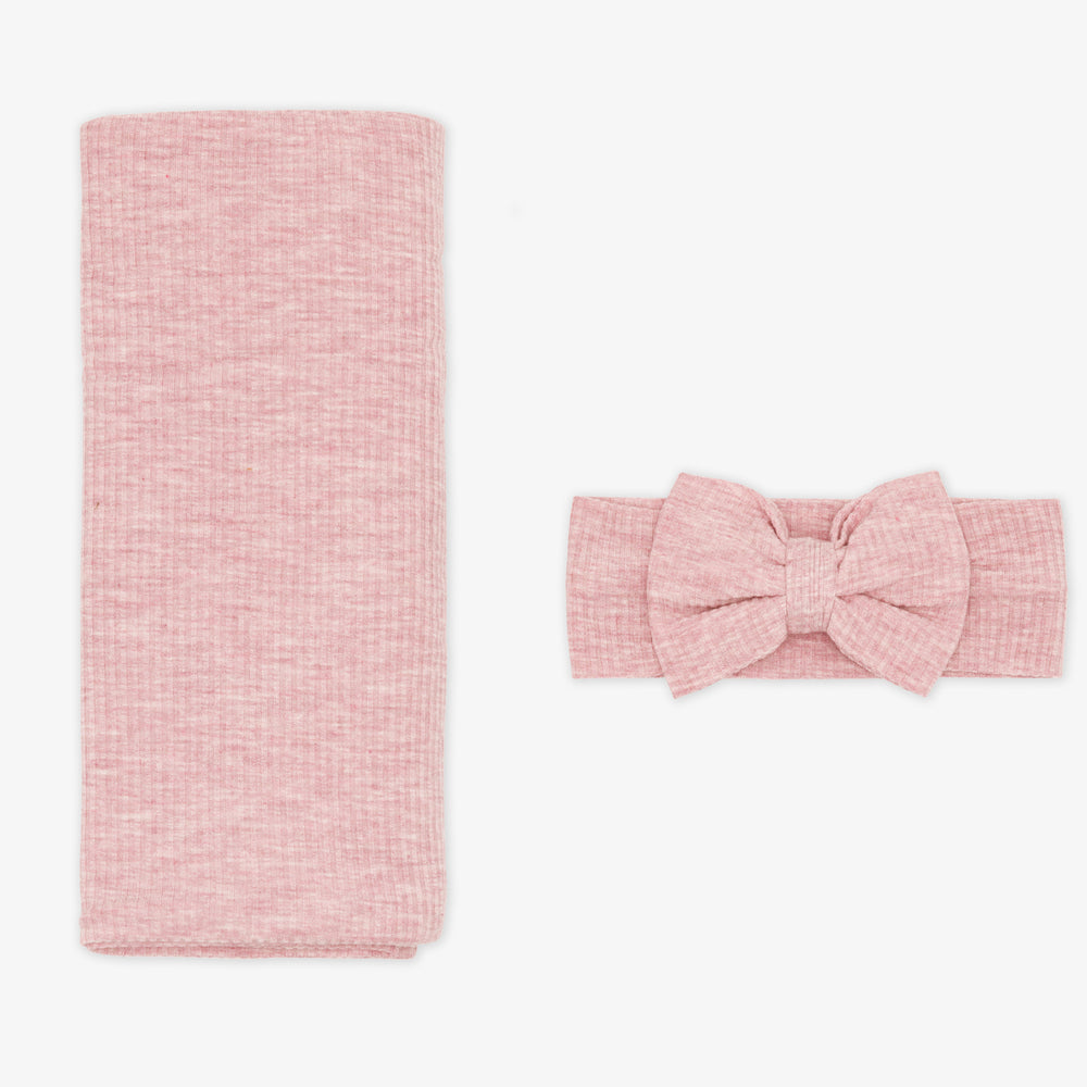 Flat lay image of a Heather Mauve Ribbed Swaddle and luxe bow Headband set