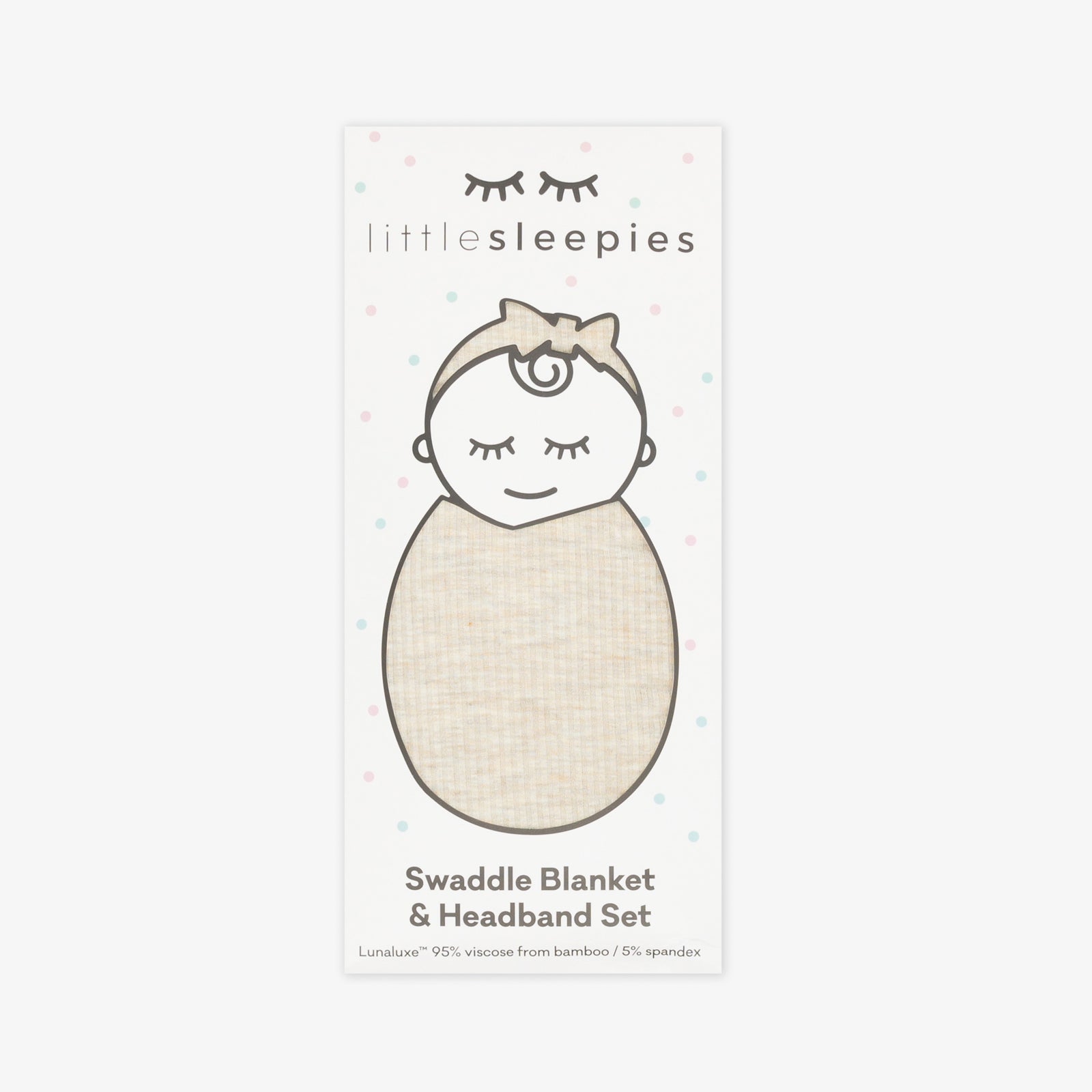 Flat lay image of a Heather Oatmeal Ribbed Swaddle and Luxe Bow Headband Set in Little Sleepies peek a boo packaging