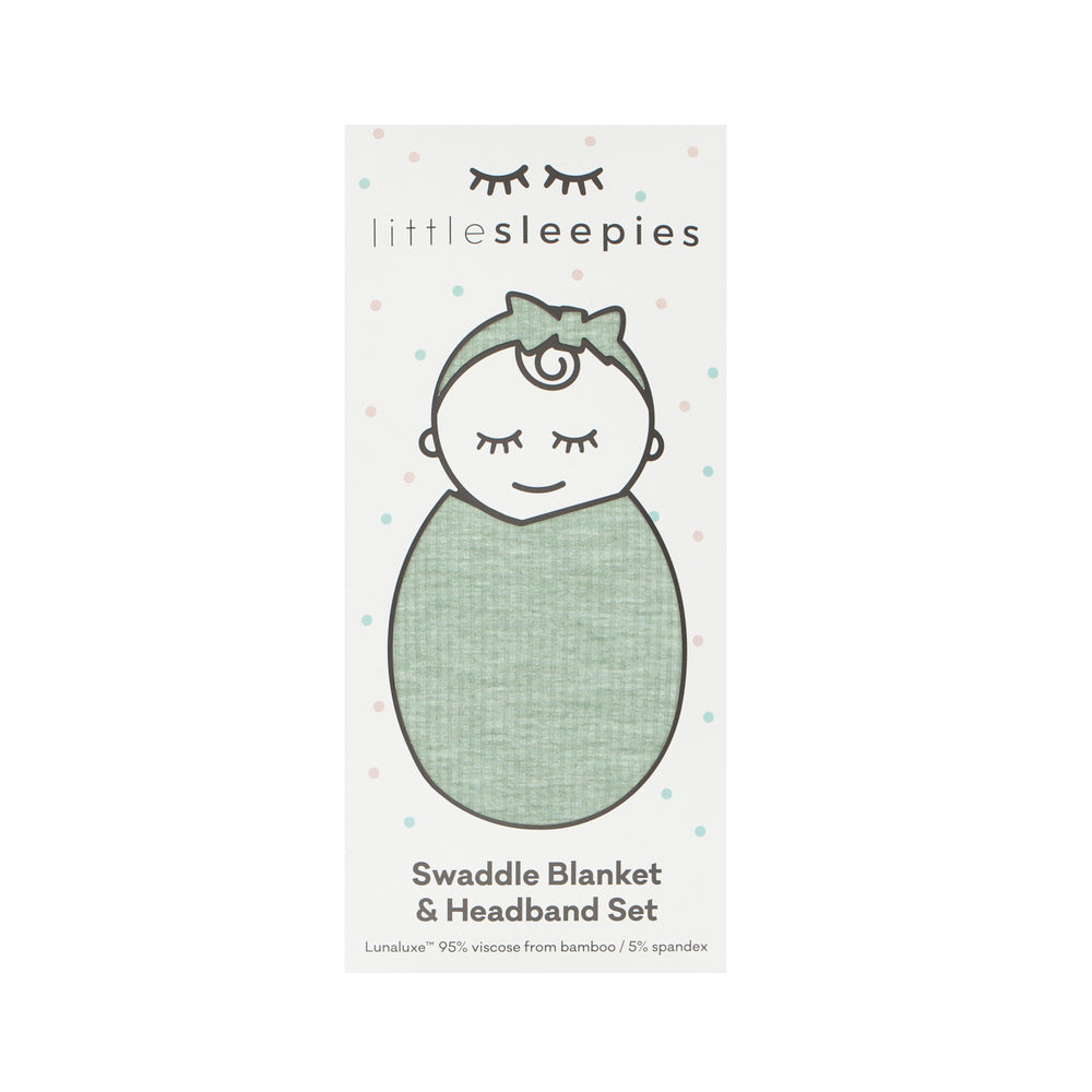 Heather Sage swaddle and Luxe bow Headband Set in Little Sleepies peek a boo packaging