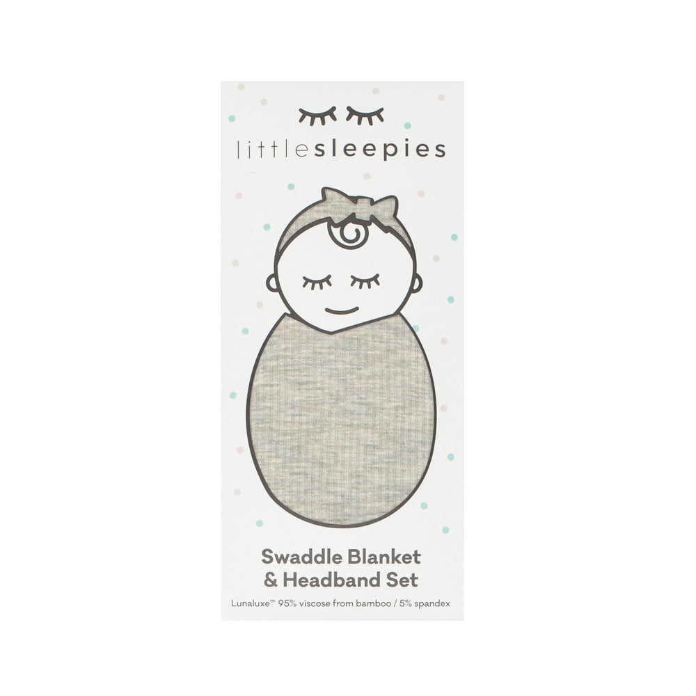 Click to see full screen - Heather Stone Ribbed swaddle and Luxe bow Headband Set in Little Sleepies peek a boo packaging