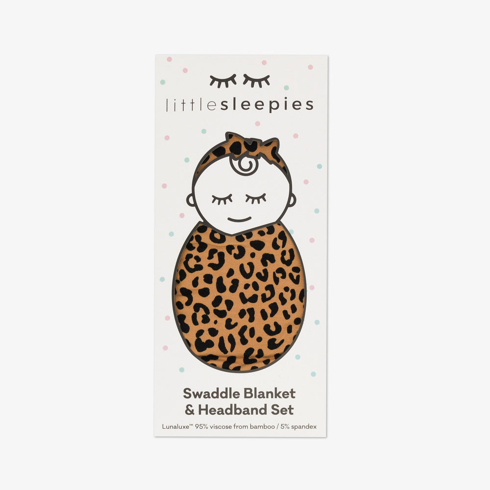 Image of the packaging for a Classic Leopard Swaddle & Luxe Bow Headband Set