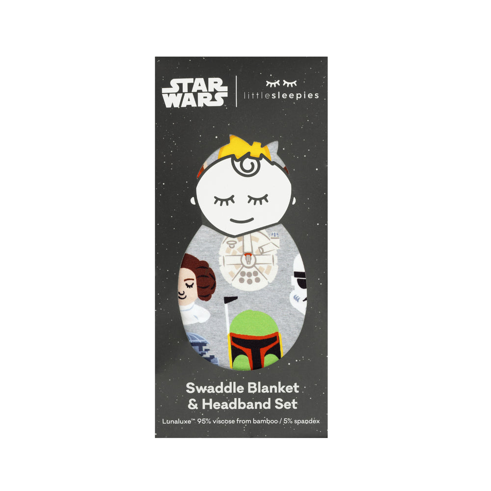 Legends of the Galaxy swaddle & luxe bow headband set in Star Wars x Little Sleepies peek-a-boo packaging