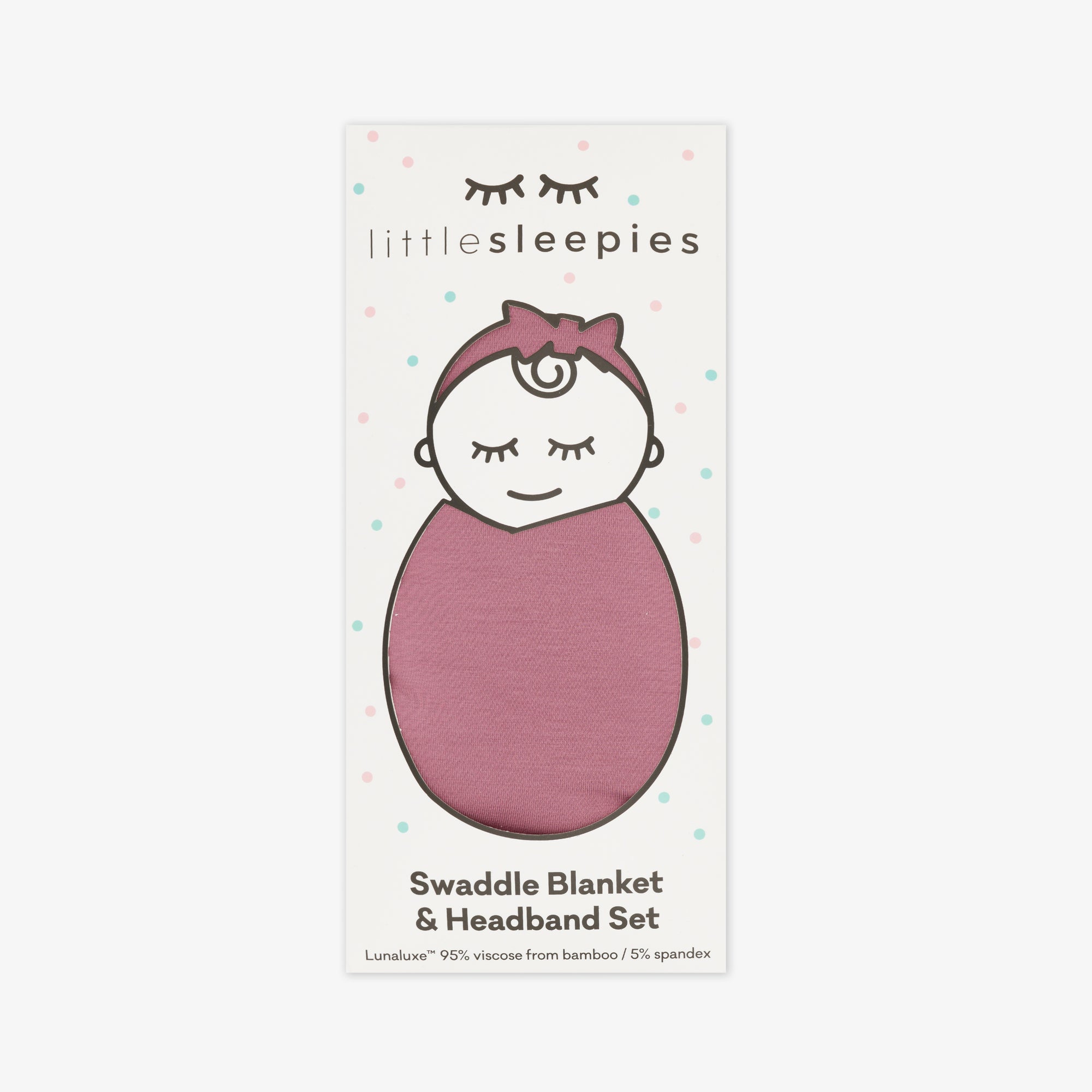 image of a Cozy dusty plum swaddle and luxe bow headband set in Little Sleepies peek-a-boo packaing